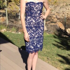 Strapless Navy Blue Lace Dress Knee-Length